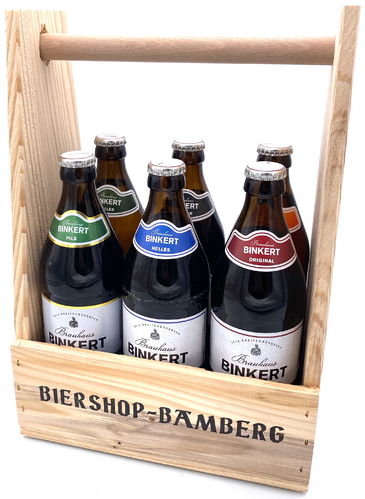 6 Flaschen Binkert Brauhaus Bier-Mix im Holztragerl